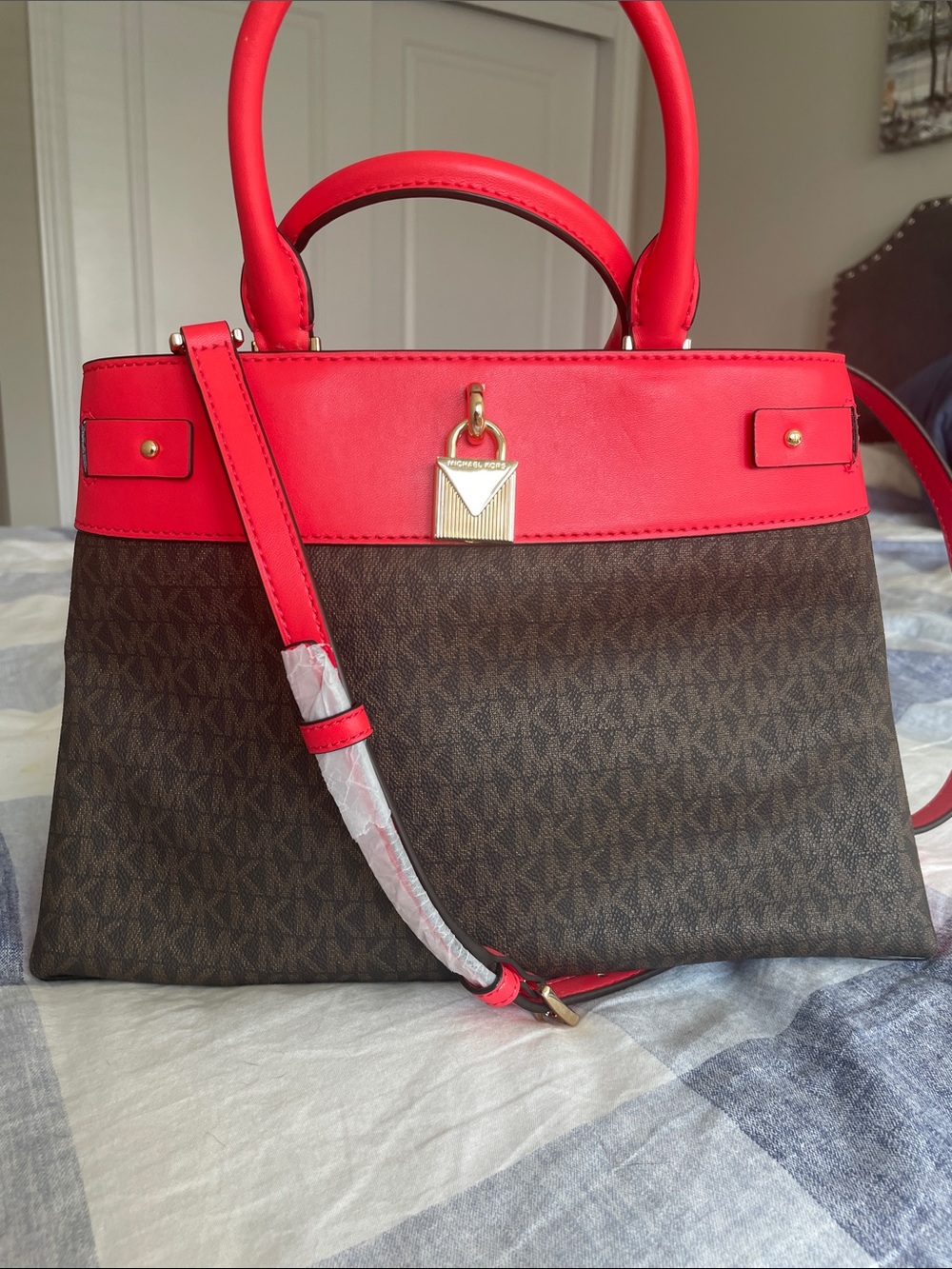 Michael Kors Brown Logo Satchel with Red Trim and Handles